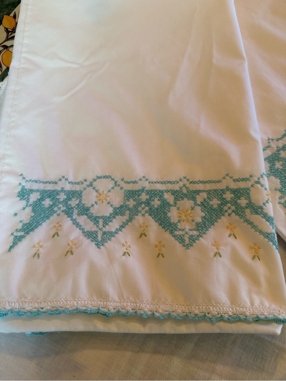 Vtg Pillowcases Pair Hand Embroidered Cross StitchTeal Gold Crochet Lace - Picture 8 of 10